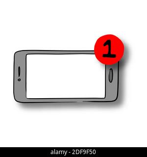 Vector black line hand drawn of smartphone with notification on cut paper with shadow isolated on white background. Paper art. Stock Vector