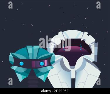 Robots cartoons at space of robotic technology futuristic toy future machine cyborg science android and fiction theme Vector illustration Stock Vector