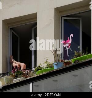 A confined Parisian enjoy sunny spring weather on the window during lockdown imposed to slow the spreading of the coronavirus disease (COVID-19) in Paris. after the announcement by French President Emmanuel Macron of the strict home confinement rules of the French due to an outbreak of coronavirus pandemic (COVID-19) on March 18, 2020 in Paris, France. the French will have to stay at home, France has closed down all schools, theatres, cinemas and a range of shops, with only those selling food and other essential items allowed to remain open. under penalty of sanctions, prohibiting all but esse Stock Photo