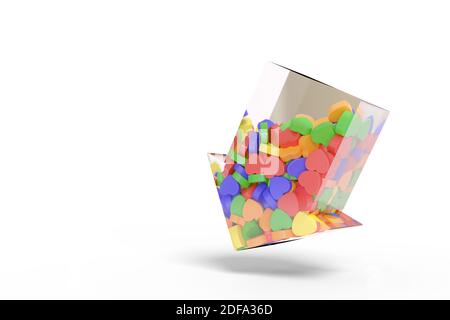 Transparent arrow pointing down filled with colorful hearts. 3d illustration. Stock Photo