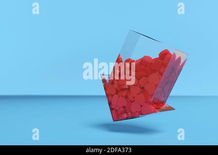 Transparent arrow pointing down filled with red hearts. 3d illustration. Stock Photo