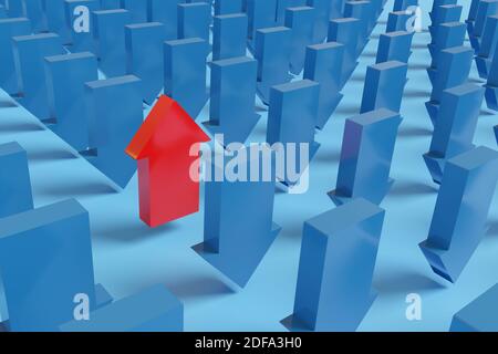 Red arrow pointing up alongside many other blue arrows pointing down. 3d illustration. Stock Photo