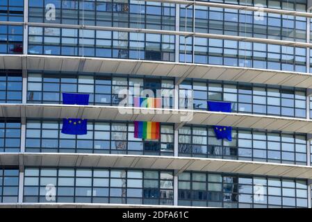A rainbow flag hangs on the façade of the European Parliament's headquarters in Strasbourg,Northeastern France, marking the International Day Against Homophobia, Transphobia, Biphobia. Photo by Nicolas Roses/ABACAPRESS.COM Stock Photo