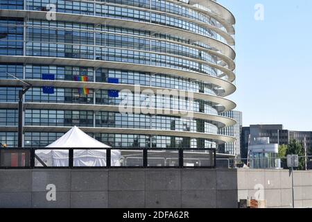 A rainbow flag hangs on the façade of the European Parliament's headquarters in Strasbourg,Northeastern France, marking the International Day Against Homophobia, Transphobia, Biphobia. Photo by Nicolas Roses/ABACAPRESS.COM Stock Photo