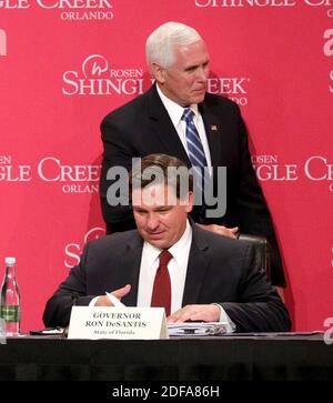 Orlando Florida May 20 2019 - No Film No Video No Tv No Documentary Vice President Mike Pence Arrives On The Dais With Florida Governor Ron Desantis For A Roundtable Discussion On The Florida Economy At The Rosen Shingle Creek Resort In Orlando Fl Usa Wednesday May 20 2020 Photo By Joe Burbankorlando Sentineltnsabacapresscom 2dfa86h 