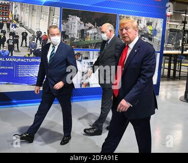 NO FILM, NO VIDEO, NO TV, NO DOCUMENTARY - President Donald Trump, right, and Executive Chairman of Ford Motor Company Bill Ford Jr., left, while touring Ford Motor Co.'s Rawsonville Components Plant in Ypsilanti, MI, USA on Thursday, May 21, 2020. Trump says he wore a mask in a 'back area' during a factory tour in Michigan, but removed it before facing the cameras. He told reporters he took off the facial covering at the Ford car plant because he 'didn't want to give the press the pleasure of seeing it', and he was about to make a speech. Photo by Daniel Mears/The Detroit News/TNS/ABACAPRESS. Stock Photo