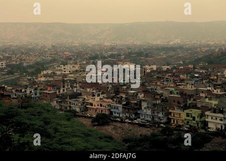 View of Jaipur City from a road leading to Surya Mandir (Sun Temple).   Jaipur, Rajasthan, India Stock Photo