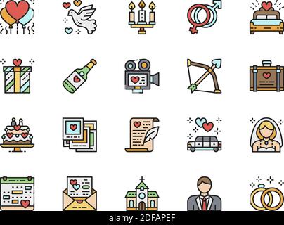Set of Wedding Flat Color Line Icons. Bridal Bed, Limousine, Bridegroom and more Stock Vector