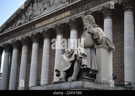 Statue of Jean-Baptiste Colbert, in front of the National Assembly in Paris, France on June 11, 2020. It is one of the statues pointed at by some anti-racist activists. Statues of historical figures associated with slavery have been vandalized in recent days during demonstrations against police violence and racism in several countries. Some associations are calling for other statues, such as that of Colbert, author of the Black Code, to be unblocked in front of the National Assembly. Jean-Baptiste Colbert (August 29, 1619, Reims - September 6, 1683, Paris) was the Comptroller General of Financ Stock Photo