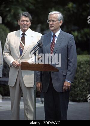 In this file photo from July 24, 1987, Judge William S. Sessions, right, is introduced by United States President Ronald Reagan, left, as his designee to be director of the Federal Bureau of Investigation (FBI), at the White House in Washington, DC. Sessions passed away on June 12, 2020 at the age of 90. William S. Sessions, a former FBI director who served in the role under three presidents, died Friday morning in San Antonio. He was 90. Photo by Ron Sachs/CNP/ABACAPRESS.COM Stock Photo