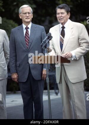 In this file photo from July 24, 1987, Judge William S. Sessions, left, is introduced by United States President Ronald Reagan, right, as his designee to be director of the Federal Bureau of Investigation (FBI), at the White House in Washington, DC. Sessions passed away on June 12, 2020 at the age of 90. William S. Sessions, a former FBI director who served in the role under three presidents, died Friday morning in San Antonio. He was 90. Photo by Ron Sachs/CNP/ABACAPRESS.COM Stock Photo