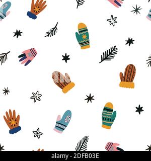 Cute vector seamless pattern of winter clothing accessories on white background. Freehand drawn doodle elements.  Stock Vector