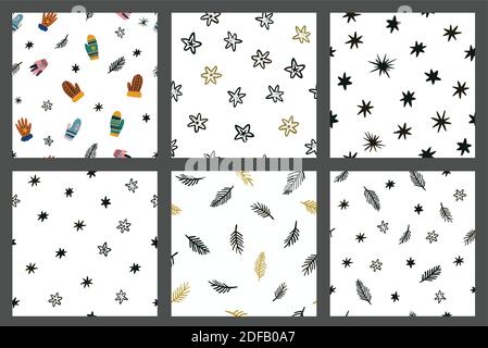 Set of cute seamless patterns with stars, pine branches and mittens in doodle scandi style. Stock Vector
