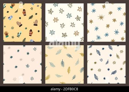 Set of cute seamless patterns with stars, pine branches and mittens in doodle scandi style. Stock Vector