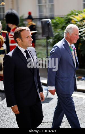 Britain's Prince Charles, Prince of Wales (L) and French President Emmanuel Macron (R) lay wreaths at the statue of former French president Charles de Gaulle at Carlton Gardens in central London on June 18, 2020 during a visit to mark the anniversary of former de Gaulle's appeal to French people to resist the Nazi occupation. - Macron visited London on June 18 to commemorate the 80th anniversary of former French president Charles de Gaulle's appeal to French people to resist the Nazi occupation during World War II. Photo by Tolga AKMEN/Pool/ABACAPRESS.COM Stock Photo