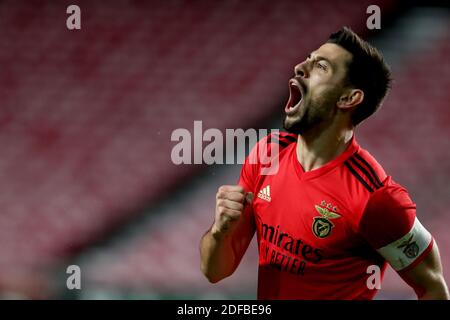 Lisbon. 3rd Dec, 2020. Pizzi of SL Benfica celebrates after scoring during the UEFA Europa League group D football match between SL Benfica and Lech Poznan in Lisbon, Portugal on Dec. 3, 2020. Credit: Pedro Fiuza/Xinhua/Alamy Live News Stock Photo