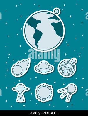 earth planet and space icon set over turquoise background, line style, vector illustration Stock Vector