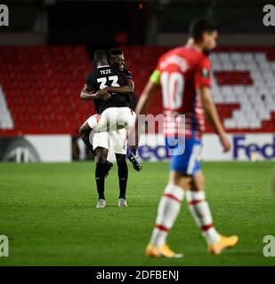 Granada, Spain. 03rd Dec, 2020. PSV Eindhoven players Ibrahim Sangaré and Jordan Teze celebrate a goal during the UEFA Europa League Group E match between Granada CF and PSV Eindhoven at Estadio Nuevo Los Carmenes in Granada.Final Score Granada CF 0:1 PSV Eindhoven) Credit: SOPA Images Limited/Alamy Live News Stock Photo