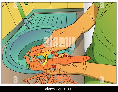 Woman's hand peeling carrot for cook. Vector cartoon, Comic book style illustration. Stock Vector