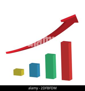 Bar chart with a red rising arrow. Vector illustration. Stock Vector