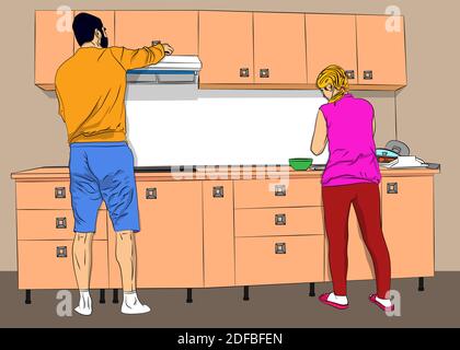Young couple working in kitchen. Viewed from back. Man in the kitchen helping woman to prepare delicious food. Vector cartoon, Comic book style illust Stock Vector