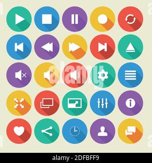 Set of icons for media player. Flat vector icons with long shadow. Stock Vector