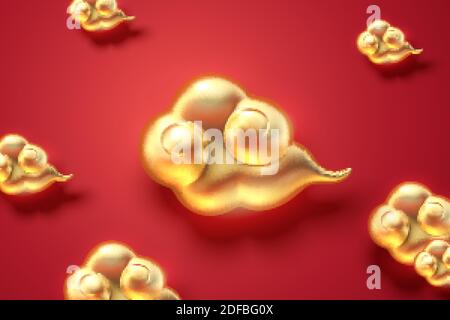 Cute Chinese auspicious clouds on red background in 3d illustration Stock Vector