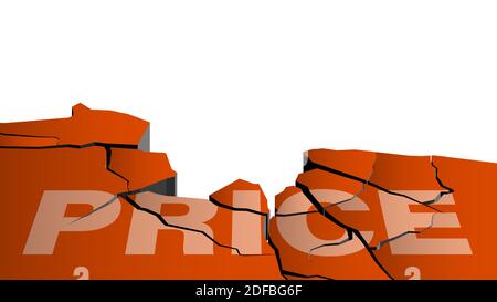 PRICE inscription collapses from earthquake. Product discounts, sales, black friday. Cracks in ground. Breaking surface from strong impact. Vector Stock Vector