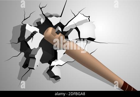 sports wooden baseball bat breaks wall into shards, cracks on wall. Inflicting heavy damage. Vector Stock Vector