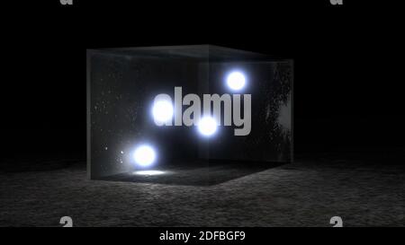 Closeup of four Crystal Balls with illuminating light in a transparent glass box, 3D render Stock Photo