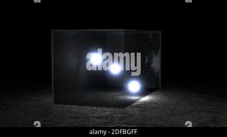 Three Balls with illuminating light in a transparent glass box, 3D render Stock Photo