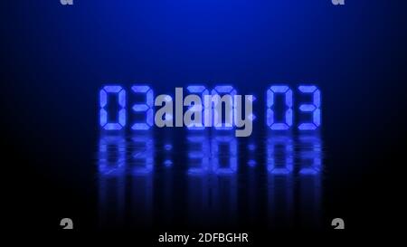 Digital countdown timer or clock of led electronic digits and reflection of digits on surface, 3d render Stock Photo