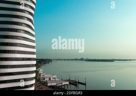 Cityscape of Guayaquil city by the Malecon 2000 waterfront promenade with the Guayas river, Guayaquil, Ecuador. Stock Photo