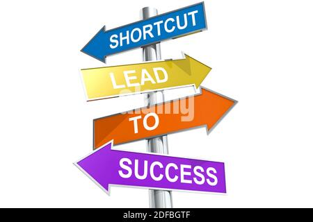 Direction street post with word shortcut lead to success on colorful banner, 3d rendering Stock Photo