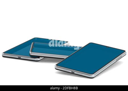 Three mobile phones isolated on white background, 3d rendering Stock Photo