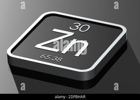 Zinc element from periodic table on black square block, 3d rendering Stock Photo