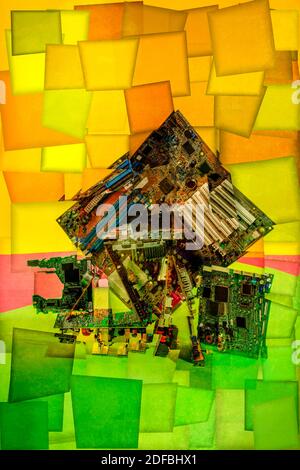 Collage of abstract shapes made of computer circuit boards, stylization Stock Photo