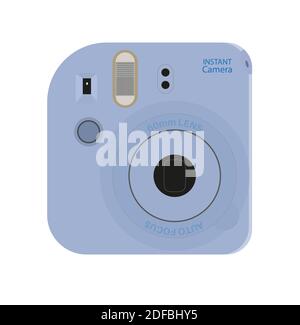 Blue Instant photo camera vector illustration, hipster blue instax in flat style on a white bakground Stock Vector