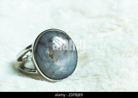 Striped Sapphire On A Silver Ring Stock Photo