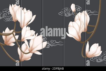 3d illustration, dark background, vertical lines, light pink large lilies on the branches Stock Photo