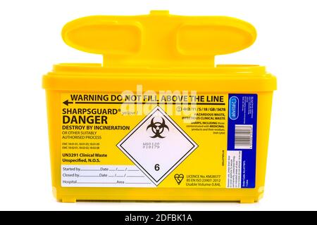 Different sizes of Medical waste bins (1.3, 2, 3, 5 liter). Yellow  biohazard medical contaminated and sharp clinical waste container isolated  on white Stock Photo - Alamy