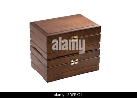 two brown wooden boxes with lid isolated on white background Stock Photo