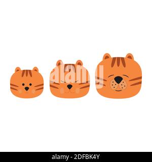 Tiger head, cartoon cute animals for children s greeting card and invitation. Vector illustration. Tiger, tigress, tiger cub Stock Vector