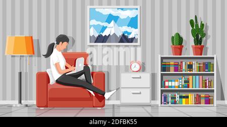 Interior of modern living room. Freelancer on sofa working at home with laptop. Woman chilling on armchair. Hipster character in jeans and t-shirt. Lamp, library, plant. Flat vector illustration Stock Vector