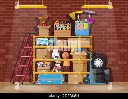 Storeroom or house cellar interior. Modern storage room. Metal shelves with household items. Rack full of cardboard boxes, stair, cleaning accessories and furniture. Flat vector illustration Stock Vector