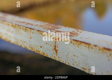 Rust and corrosion on iron railings.Corrosion of metals. Rust on old iron. Stock Photo