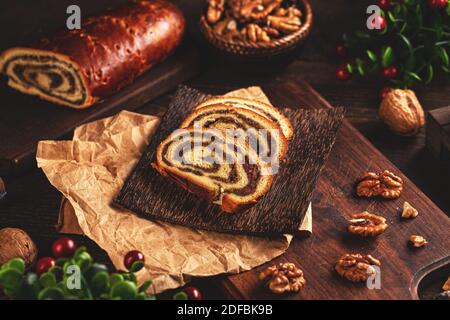 Homemade roll cake with walnuts filling, traditional Hungarian folk cake Stock Photo