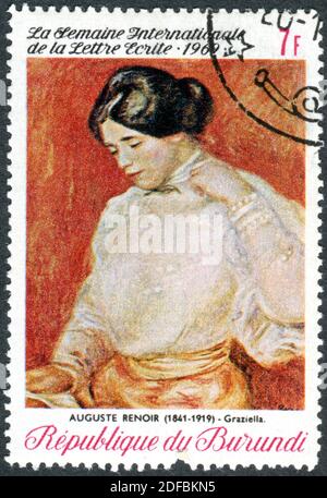 BURUNDI - CIRCA 1969: A stamp printed in Burundi, shown the painting of 'Graziella (young woman),' by artist Auguste Renoir, circa 1969 Stock Photo