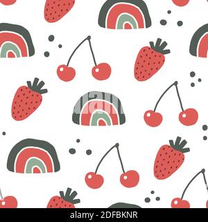 Cute hand drawn summer seamless pattern with strawberry, cherry and rainbow. Scandinavian style vector illustration for design and print. Stock Vector