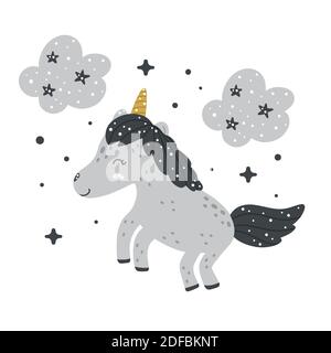 Cute nursery unicorn clipart with clouds and abstract dots around. Monochrome hand drawn Scandinavian style vector illustration. Stock Vector